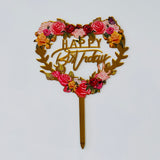 Happy Birthday Heart Floral Plastic Cake Topper